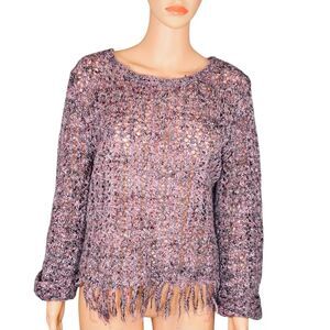 Ruby Rd Open Knit Fringed Sweater Boho Revival Modern Boho Oversized LG Purple